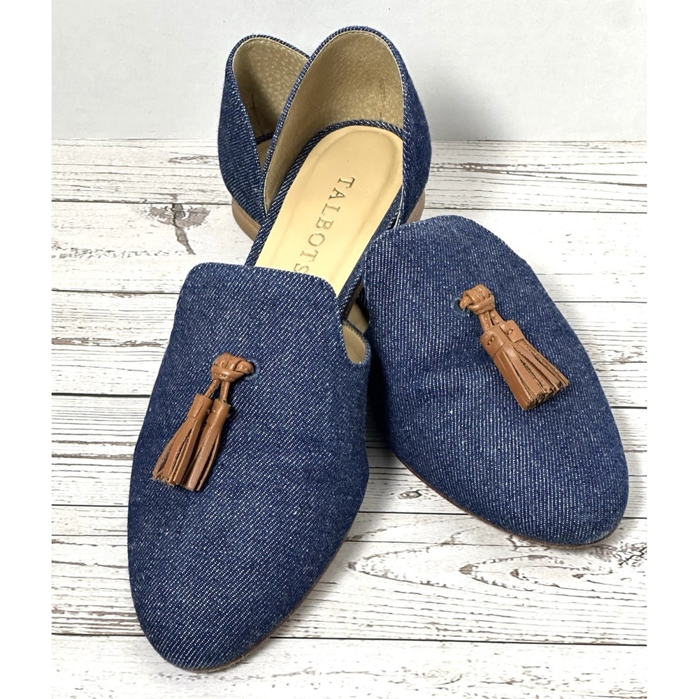 Talbots Frannie D'Orsay Flats Women's 6.5M Denim Tassel Slip on Shoes Cut Out